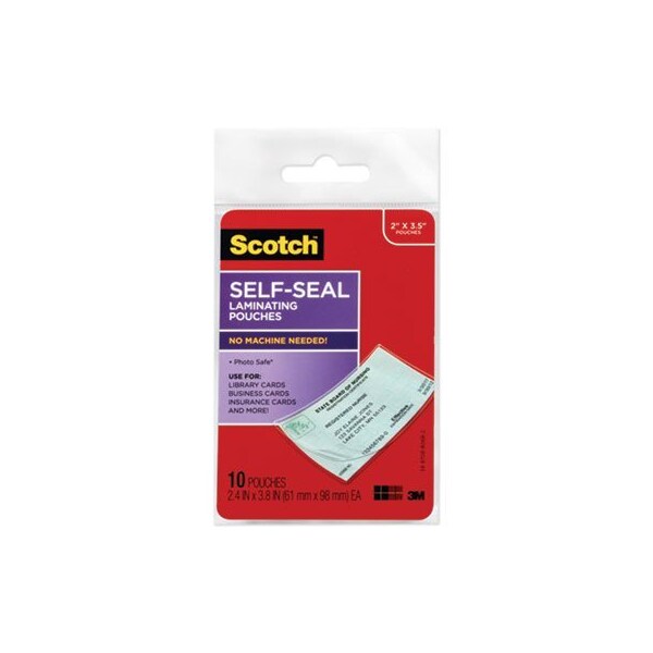 3M Commercial Scotch, Self-Sealing Laminating Pouches, 9 Mil, 3.8In X 2.4in, Gloss Clear, 10PK LS85110G - main